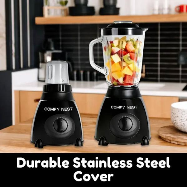 Glass stand blender with grinder, 800 W, 1.5 L jug & 0.4 L grinder cup, 5 speeds, pulse function, ice crusher, stainless steel housing, black