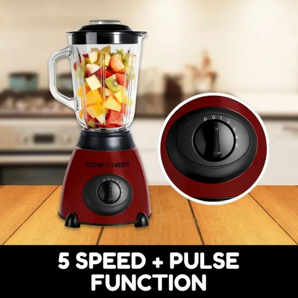 2-in-1 blender with 1.5 L glass jug and 0.4 L grinder, 800 W, 5 speeds & pulse function, crushes ice, spice & coffee grinder, stainless steel, red