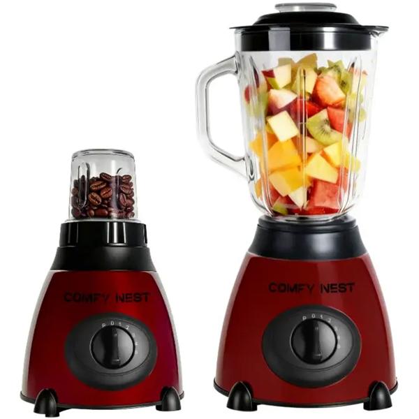 2-in-1 blender with 1.5 L glass jug and 0.4 L grinder, 800 W, 5 speeds & pulse function, crushes ice, spice & coffee grinder, stainless steel, red