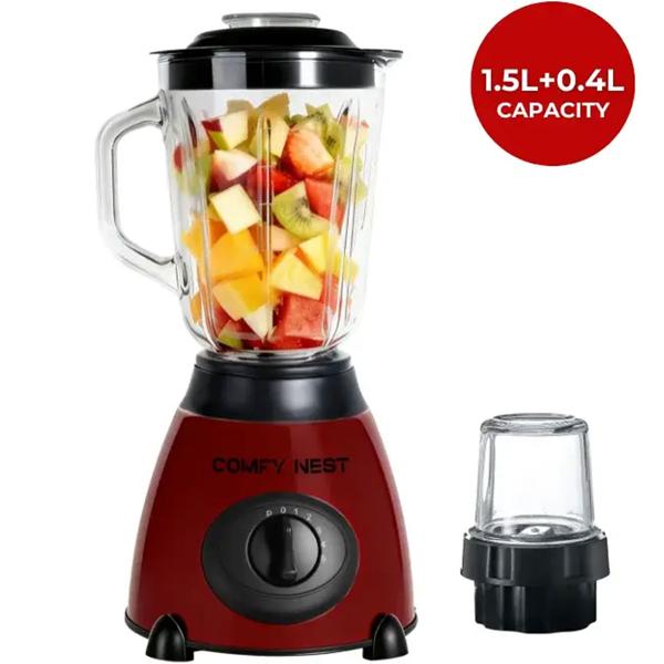 2-in-1 blender with 1.5 L glass jug and 0.4 L grinder, 800 W, 5 speeds & pulse function, crushes ice, spice & coffee grinder, stainless steel, red