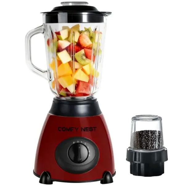 2-in-1 blender with 1.5 L glass jug and 0.4 L grinder, 800 W, 5 speeds & pulse function, crushes ice, spice & coffee grinder, stainless steel, red