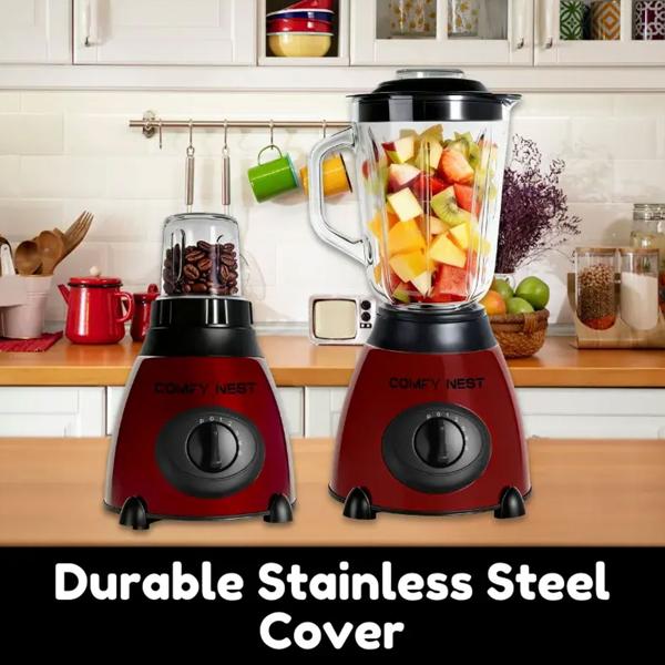 2-in-1 blender with 1.5 L glass jug and 0.4 L grinder, 800 W, 5 speeds & pulse function, crushes ice, spice & coffee grinder, stainless steel, red
