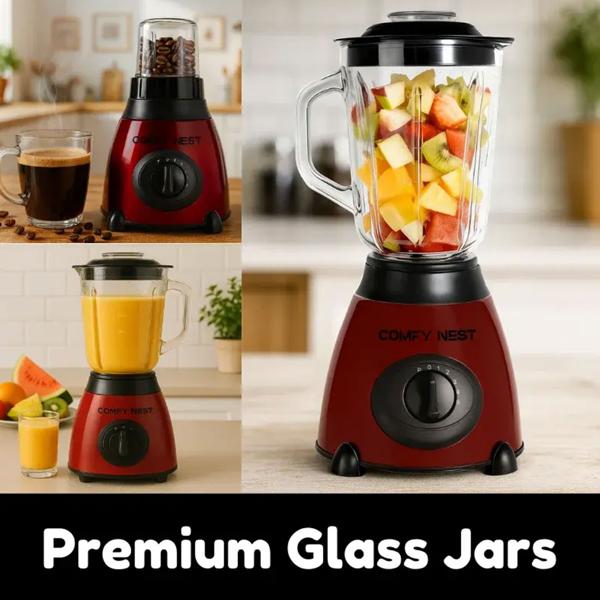 2-in-1 blender with 1.5 L glass jug and 0.4 L grinder, 800 W, 5 speeds & pulse function, crushes ice, spice & coffee grinder, stainless steel, red