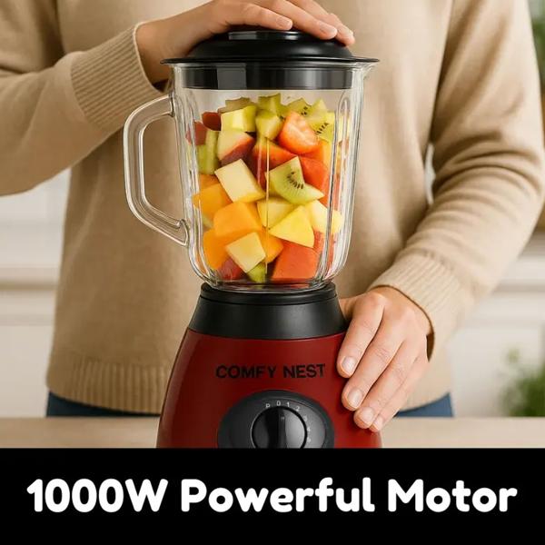 2-in-1 blender with 1.5 L glass jug and 0.4 L grinder, 800 W, 5 speeds & pulse function, crushes ice, spice & coffee grinder, stainless steel, red