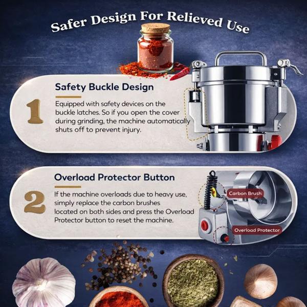 Electric grain mill 2000 W, 800 g, stainless steel, adjustable 50–300 mesh grind size, spice mill for flour, herbs & grains