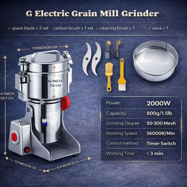 Electric grain mill 2000 W, 800 g, stainless steel, adjustable 50–300 mesh grind size, spice mill for flour, herbs & grains