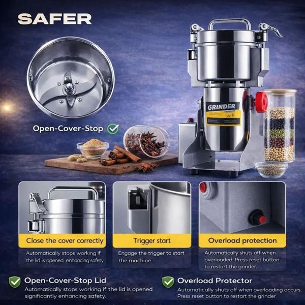 Electric grain mill 2000 W, 800 g, stainless steel, adjustable 50–300 mesh grind size, spice mill for flour, herbs & grains