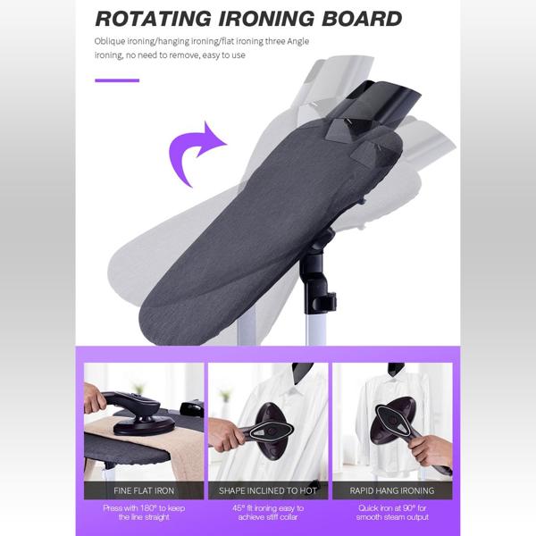 Garment steamer with flexible ironing station 2500 W, rotating ironing board, telescopic pole, 1.2 L water tank, ceramic soleplate, 7 temperature levels, 3 steam levels