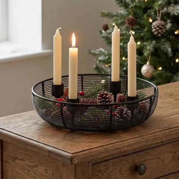 Stilvoller Adventskranz aus Metall, Schwarz Ø 20,5 cm für 4 Tafelkerzen - Moderner Kerzenhalter & Kerzenständer für Tisch & Weihnachtsdeko