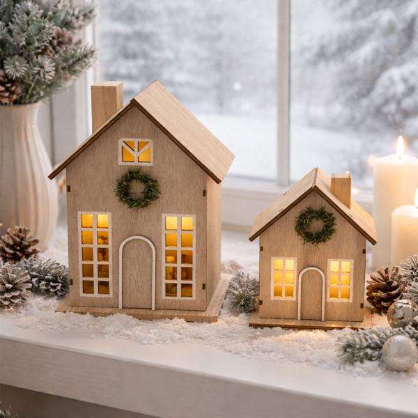 Schönes Deko LED Haus mit Timer 11,5x8x17 cm: Beleuchtetes Miniatur Haus aus Kunstholz für Tischdeko & Fenster, warmweisses Licht