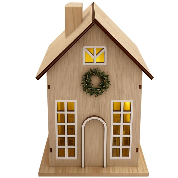Beautiful LED decor house with timer 24x15.5x9.5 cm: Illuminated miniature house made of engineered wood for table and window decoration, warm white light
