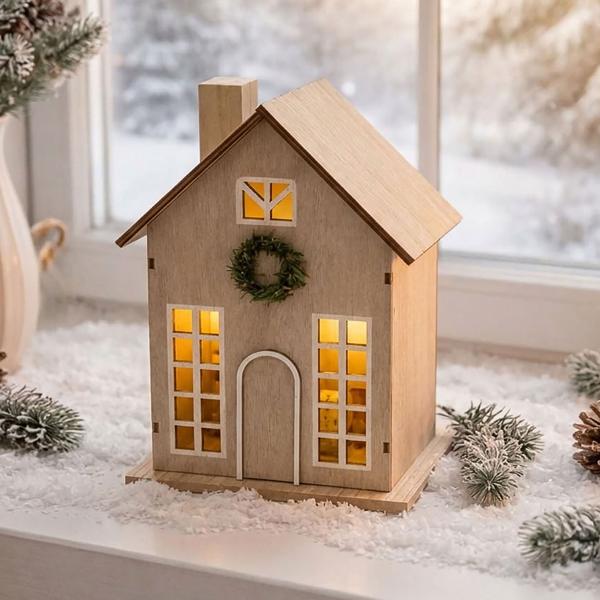 Beautiful LED decor house with timer 24x15.5x9.5 cm: Illuminated miniature house made of engineered wood for table and window decoration, warm white light
