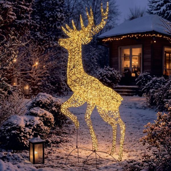 LED metal deco reindeer warm white: large LED figure with timer for garden decoration, Christmas decor, shopping centres & events, IP44, 220 cm
