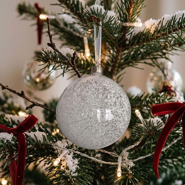 Elegante Dekokugel aus Glas gefrostet mit 20 LEDs: warmweiss hängend für Weihnachten mit Timer, Batterie - Ø 12cm Deko Leuchte