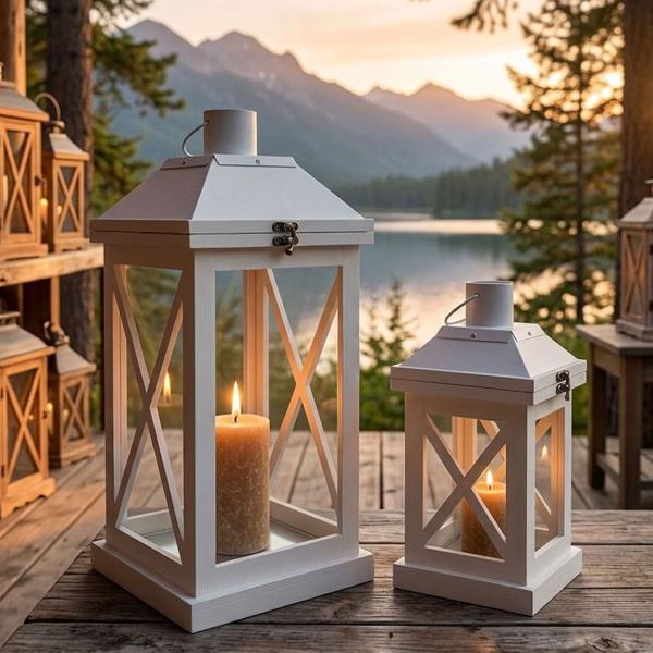 Set de 2 lanternes en bois MDF blanc mat – set de photophores décoratifs pour une table chaleureuse au salon, sur le balcon et au jardin