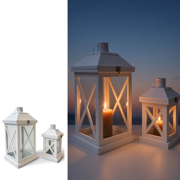 Set de 2 lanternes en bois MDF blanc mat – set de photophores décoratifs pour une table chaleureuse au salon, sur le balcon et au jardin