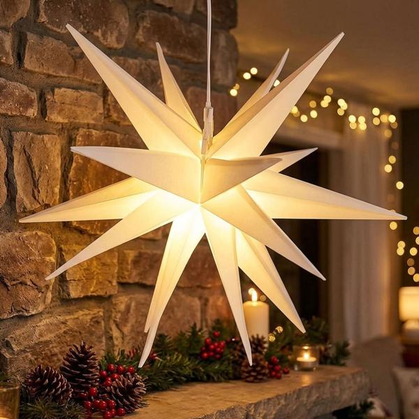 3D LED Leuchtstern Ø27 cm, Warmweiss mit Timer & IP44 - Schöner faltbarer Adventsstern mit Batterie für Fenster, Balkon & Weihnachtsdeko