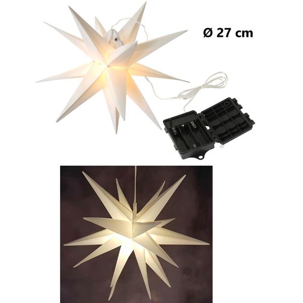 3D LED Leuchtstern Ø27 cm, Warmweiss mit Timer & IP44 - Schöner faltbarer Adventsstern mit Batterie für Fenster, Balkon & Weihnachtsdeko