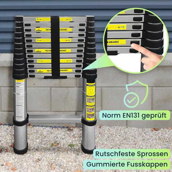 Teleskopleiter, Ausziehbare Leiter bis 3.8 m, Multifunktionsleiter mit 150kg Belastbarkeit, Rutschfeste Aluminium Dachbodenleiter mit rutschfesten Füssen