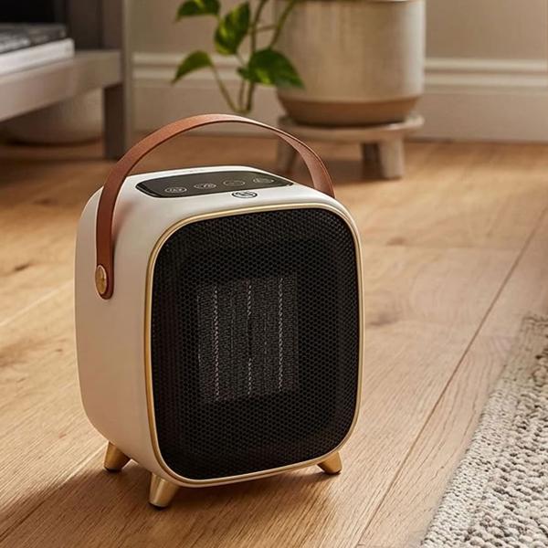 Chauffage soufflant céramique 1200 W au design rétro, chauffage PTC silencieux avec thermostat, minuteur, écran LED et mode ventilation pour des pièces jusqu’à 12 m²