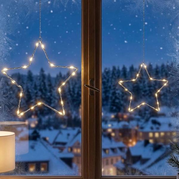 2er-Set Stimmungsvolle LED Metallsterne Ø15 cm & Ø40 cm mit Saugnapf fürs Fenster, warmweisse Lichter, Timer & Batterriebetrieb, Weihnachtsdeko