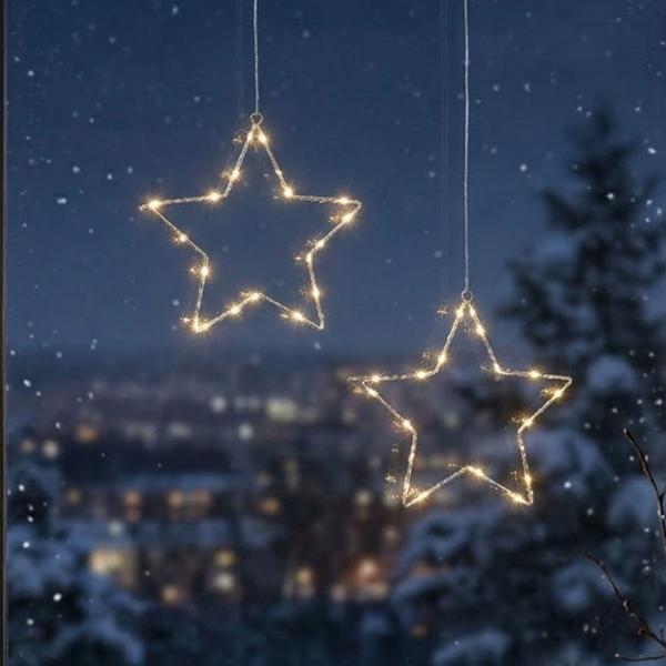 Stimmungsvoller LED Metallstern Ø15 cm mit Saugnapf fürs Fenster, 10 warmweisse Lichter, Timer & Batterriebetrieb, Weihnachtsdeko