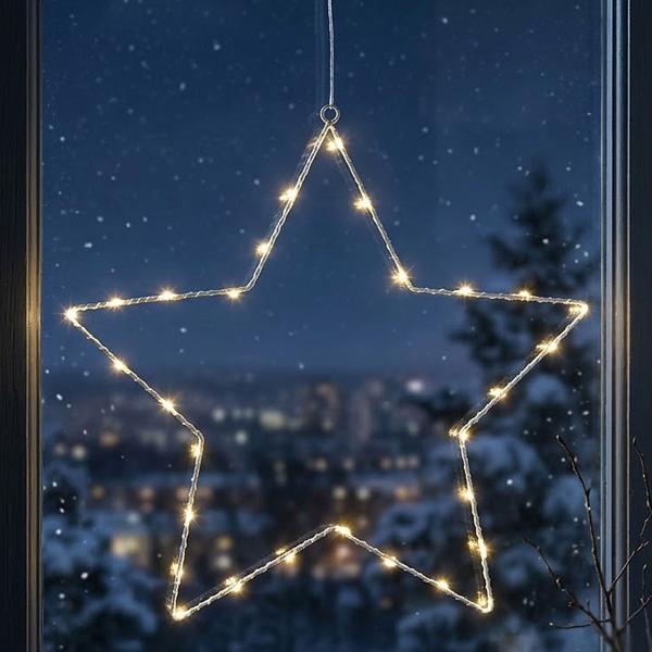 Stimmungsvoller LED Metallstern Ø40 cm mit Saugnapf fürs Fenster, 30 warmweisse Lichter, Timer & Batterriebetrieb, Weihnachtsdeko