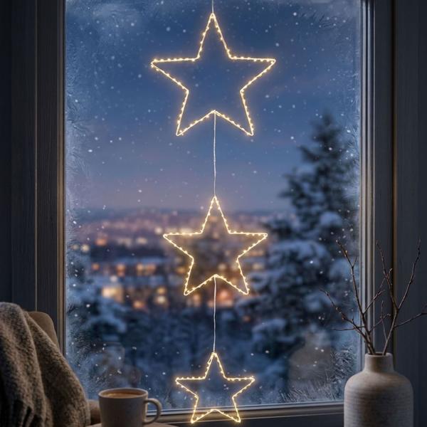 Elegante 3 LED Sterne zum Aufhängen, 180 warmweisse Lichter, Batterie mit Timer, Deko für Fenster & Weihnachten, weiss
