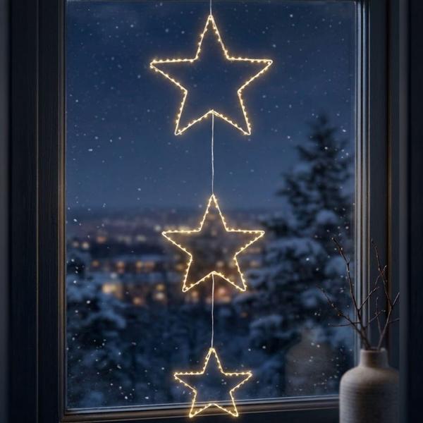 Elegante 3 LED Sterne zum Aufhängen, 180 warmweisse Lichter, Batterie mit Timer, Deko für Fenster & Weihnachten, weiss