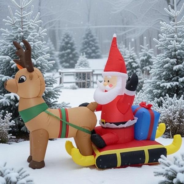 Aufblasbarer Weihnachtsmann mit Rentierschlitten LED 132 cm, Deko-Nikolaus mit Gebläse, IP44 Indoor & Outdoor Weihnachtsdeko