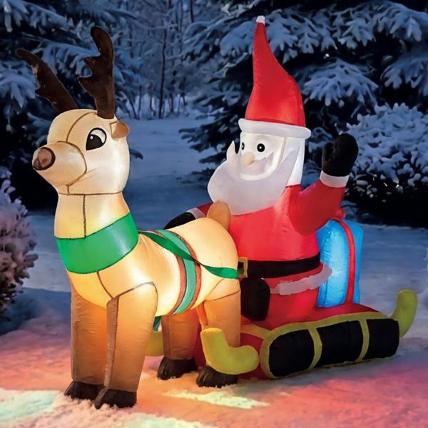 Aufblasbarer Weihnachtsmann mit Rentierschlitten LED 132 cm, Deko-Nikolaus mit Gebläse, IP44 Indoor & Outdoor Weihnachtsdeko