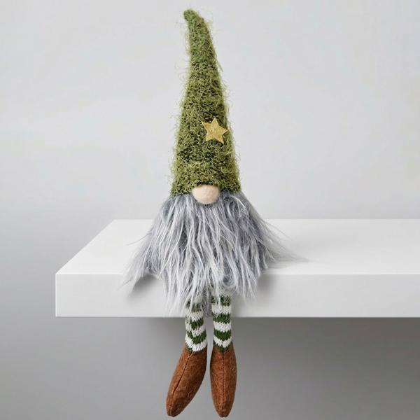 Wichtel Kantenhocker Weihnachten 28 cm, grüne Sternmütze & Flauschbart, Stoff Wichtel grün-weiss geringelt, Regal & Fensterbank Deko