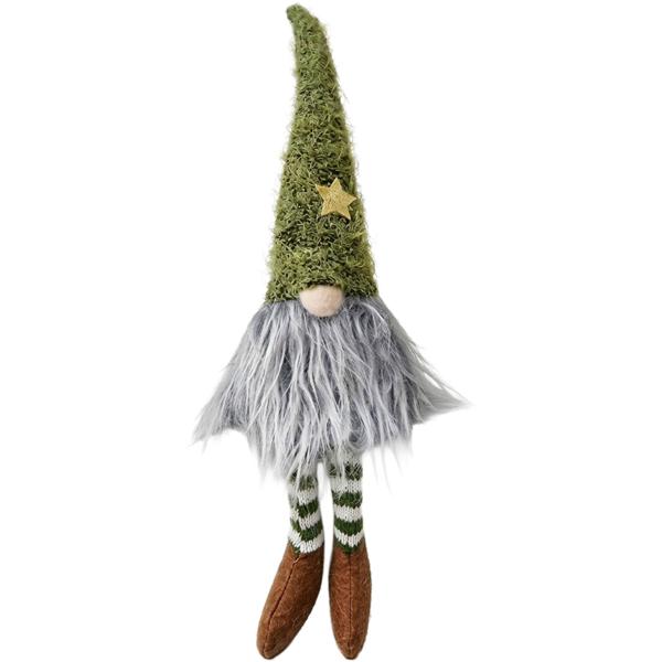 Wichtel Kantenhocker Weihnachten 28 cm, grüne Sternmütze & Flauschbart, Stoff Wichtel grün-weiss geringelt, Regal & Fensterbank Deko
