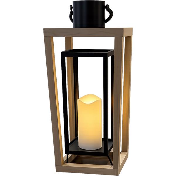 Lanterna in legno di paulownia e metallo con candela LED e timer, 48,5 cm, design aperto naturale/nero, lanterna decorativa senza fiamma con manico