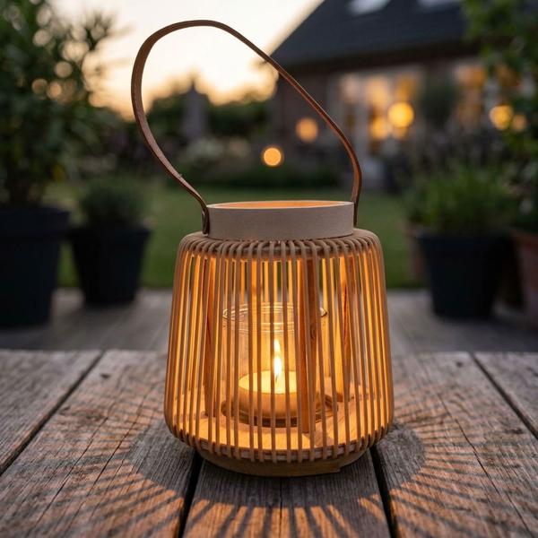 Laterne mit Kunstledergriff, Ø 16,5 x H 17 cm, Windlicht mit Glaseinsatz, Stäbe in Rattan-Optik, heller Holz-Look, Deko für Teelicht & LED-Kerze