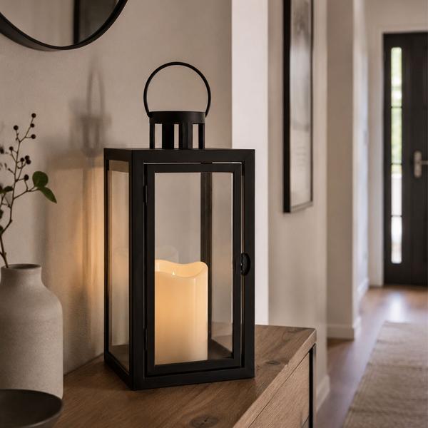 Lantern with LED candle and timer, H 27.5 cm, black decorative lantern with carrying ring & door, flameless cream candle, battery-operated