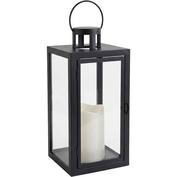 Lantern with LED candle and timer, H 27.5 cm, black decorative lantern with carrying ring & door, flameless cream candle, battery-operated