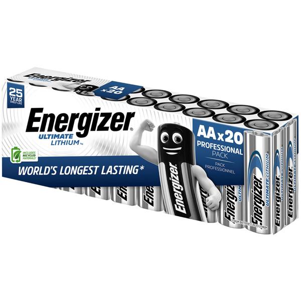 Box of 20 Energizer Ultimate Lithium AA Mignon 1.5 V 3000 mAh – Leak‑proof AA batteries with 25‑year shelf life for cameras & outdoor use