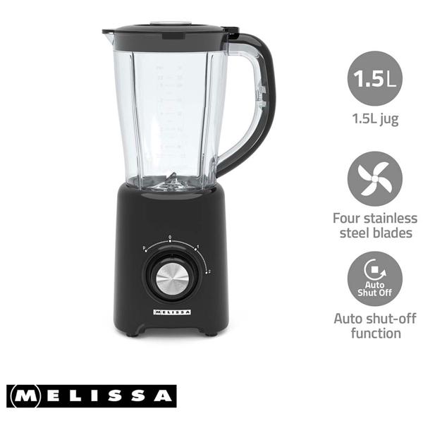Blender 800 W with 1.5 L jug, 4 stainless steel blades, 2 speeds & pulse function, dishwasher-safe smoothie blender, black