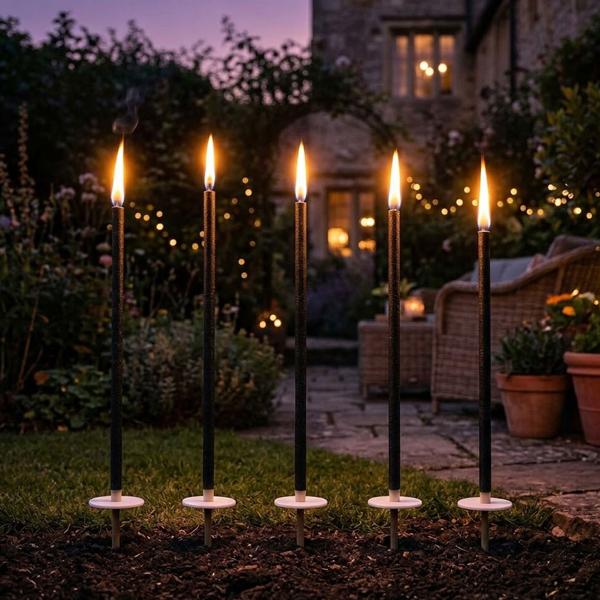 Wachsfackeln XXL 110 cm 5er-Set mit Holzgriff und Tropfschutz, Partyfackeln ca. 3 Std. Brenndauer, Handfackeln für Fackelumzug und Gartenfest