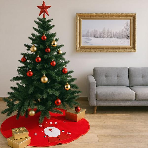 Christbaumdecke rund 90 cm rot mit Weihnachtsmann-Motiv & Schneeflocken, Weihnachtsbaumdecke aus Polyester, Baumrock für den Christbaumständer