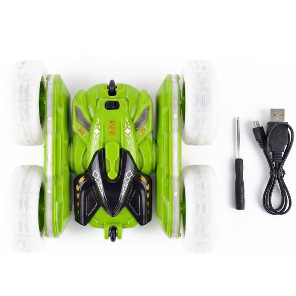 Voiture de stunt télécommandée avec rotation à 360°, vert, voiture RC avec roues lumineuses et batterie, 12 km/h, télécommande 2,4 GHz, jouet pour enfants