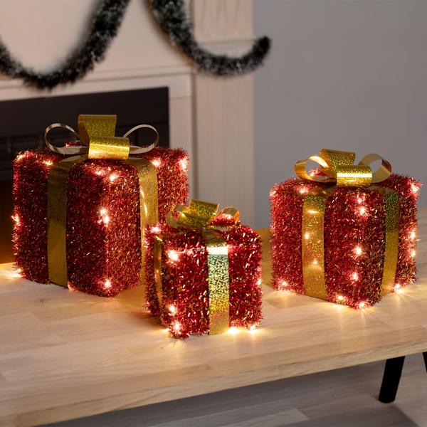LED gift boxes, set of 3 red-gold, illuminated Christmas presents décor with 76 warm white LEDs, timer, battery-operated, 12/15/18 cm