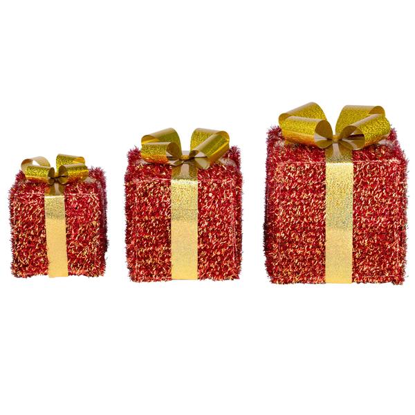 LED gift boxes, set of 3 red-gold, illuminated Christmas presents décor with 76 warm white LEDs, timer, battery-operated, 12/15/18 cm