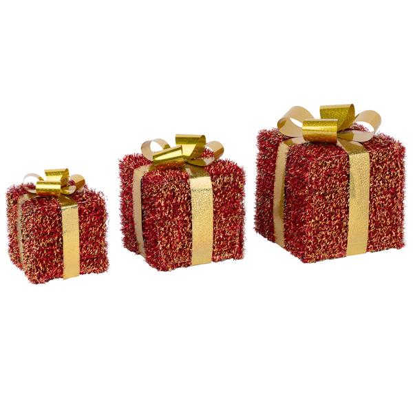 LED gift boxes, set of 3 red-gold, illuminated Christmas presents décor with 76 warm white LEDs, timer, battery-operated, 12/15/18 cm