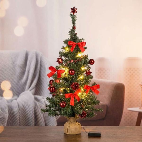 Artificial Christmas tree 75 cm with LED lighting and decor, mini tree decorated with red baubles, stars & cones, timer, battery operated