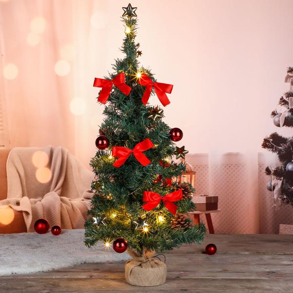 Christmas tree artificial 75 cm decorated, fir tree with LED light chain, red bows & baubles, jute stand, timer, battery-operated, green