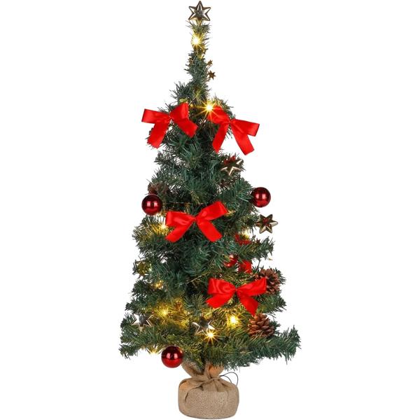 Christmas tree artificial 75 cm decorated, fir tree with LED light chain, red bows & baubles, jute stand, timer, battery-operated, green