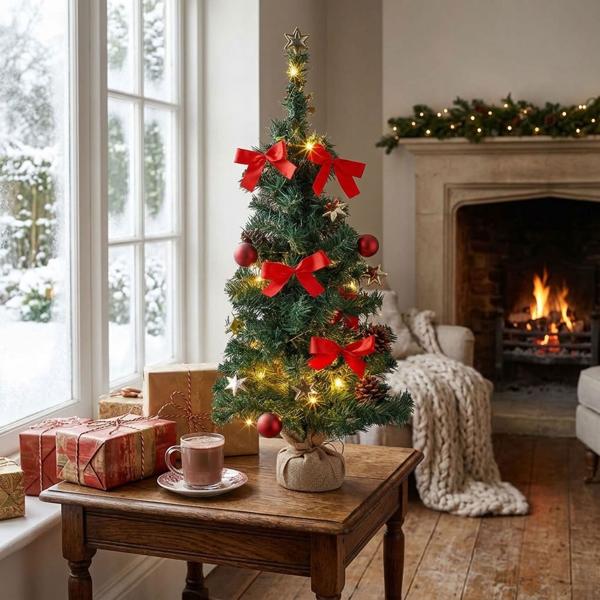 Christmas tree artificial 75 cm decorated, fir tree with LED light chain, red bows & baubles, jute stand, timer, battery-operated, green