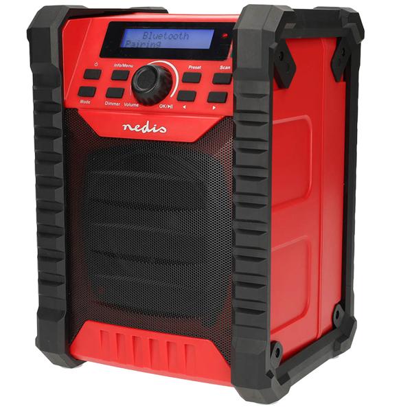 Baustellenradio DAB+ und UKW mit Bluetooth und Akku, robustes Radio IP54 mit 30 W Klang, bis 10 Std. Laufzeit, USB-C Ladung, Tragegriff, rot/schwarz